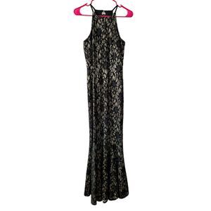 Bailey Blue Black and Gold Floral Lace Overlay Glitter Long Maxi Dress Gown